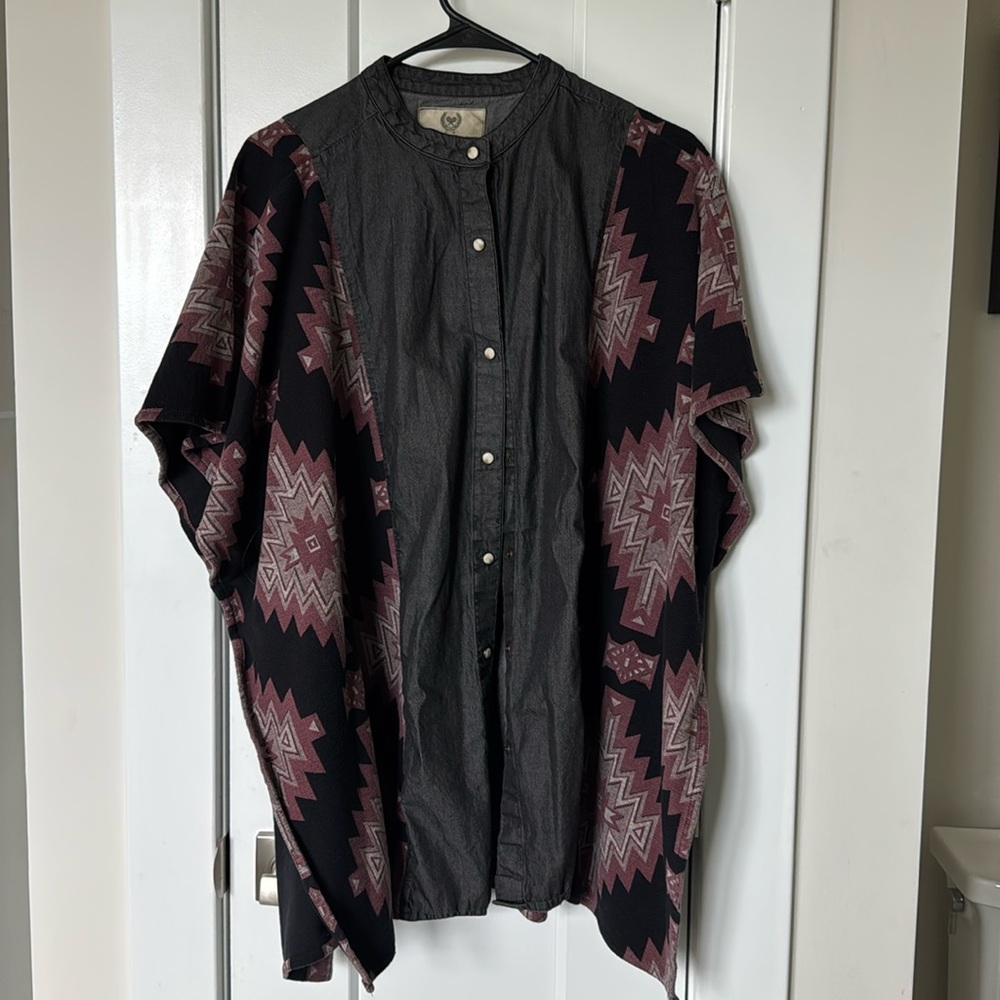 Fun woven layering caftan with denim and woven material.